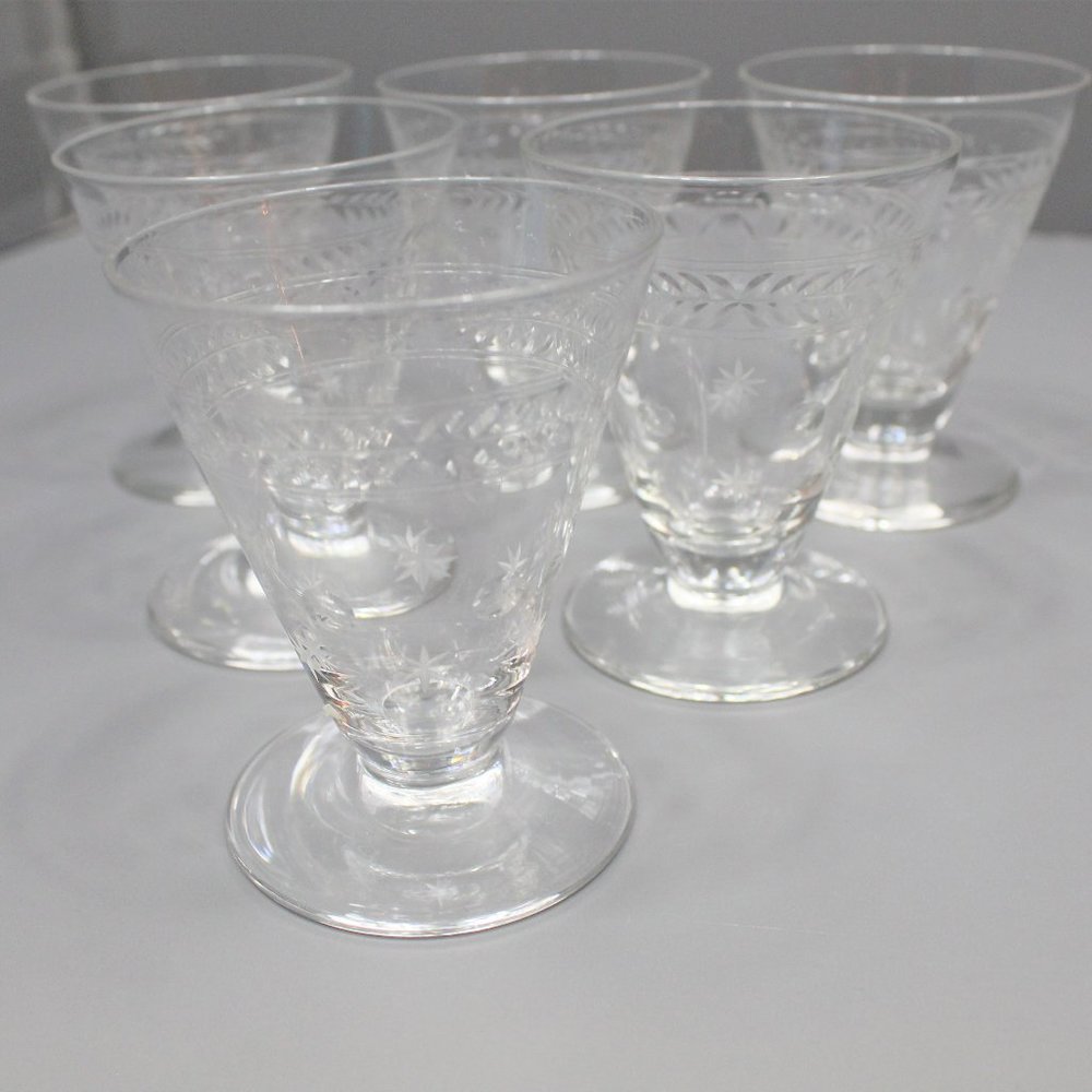 Antique Crystal Stemware Cordial Etched Glasses